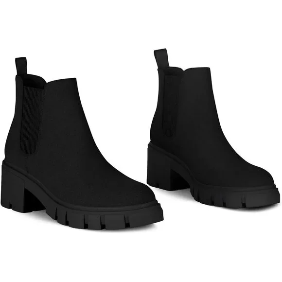 Women Chelsea Black Suede Boot Fashion Lug Sole Chunky Heel Slip On Ankle Bootie - Picture 5 of 6